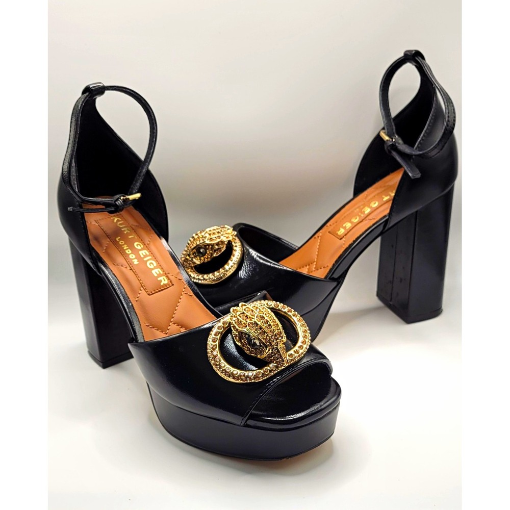Kurt Geiger London Black Leather Platform Ankle Strap Rhinestone Sandals 37
